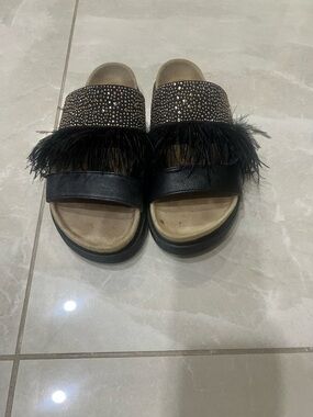 Inuikii Black Feather & Stud Slide Sandals.  Worn only once!